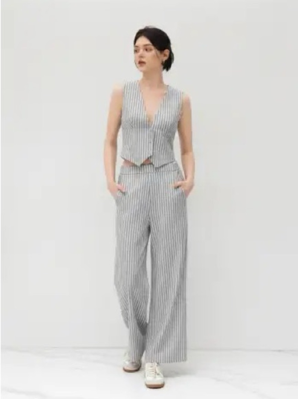 CIDER STRIPED BELTED VEST WITH MID RISE STRIPED POCKET STRAIGHT LEG TROUSER 8